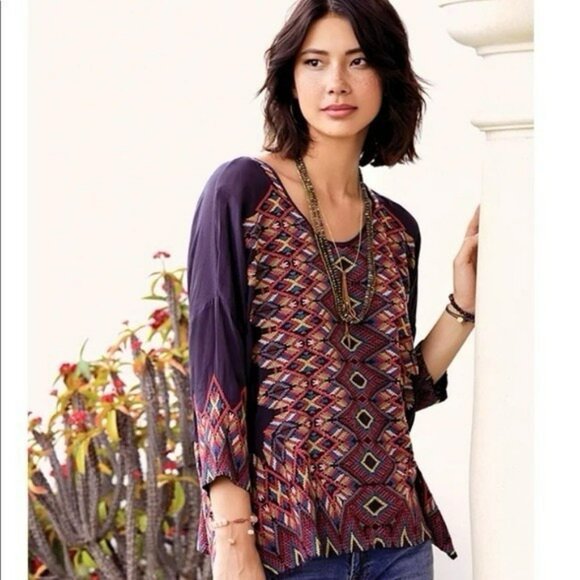 Johnny Was Tops - Johnny Was Moni Cupro Blouse Multi Color With Intricate Embroidery Boho Size Med
